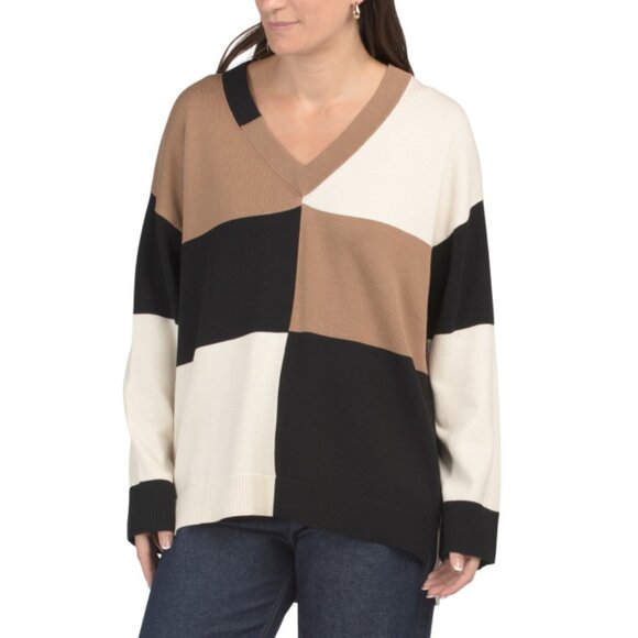 EDINBURGH KNITS White/tan Pima Cotton Color Block V-neck Sweater - Picture 1 of 2